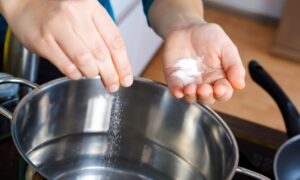 Human hands adding salt to a pot of water.